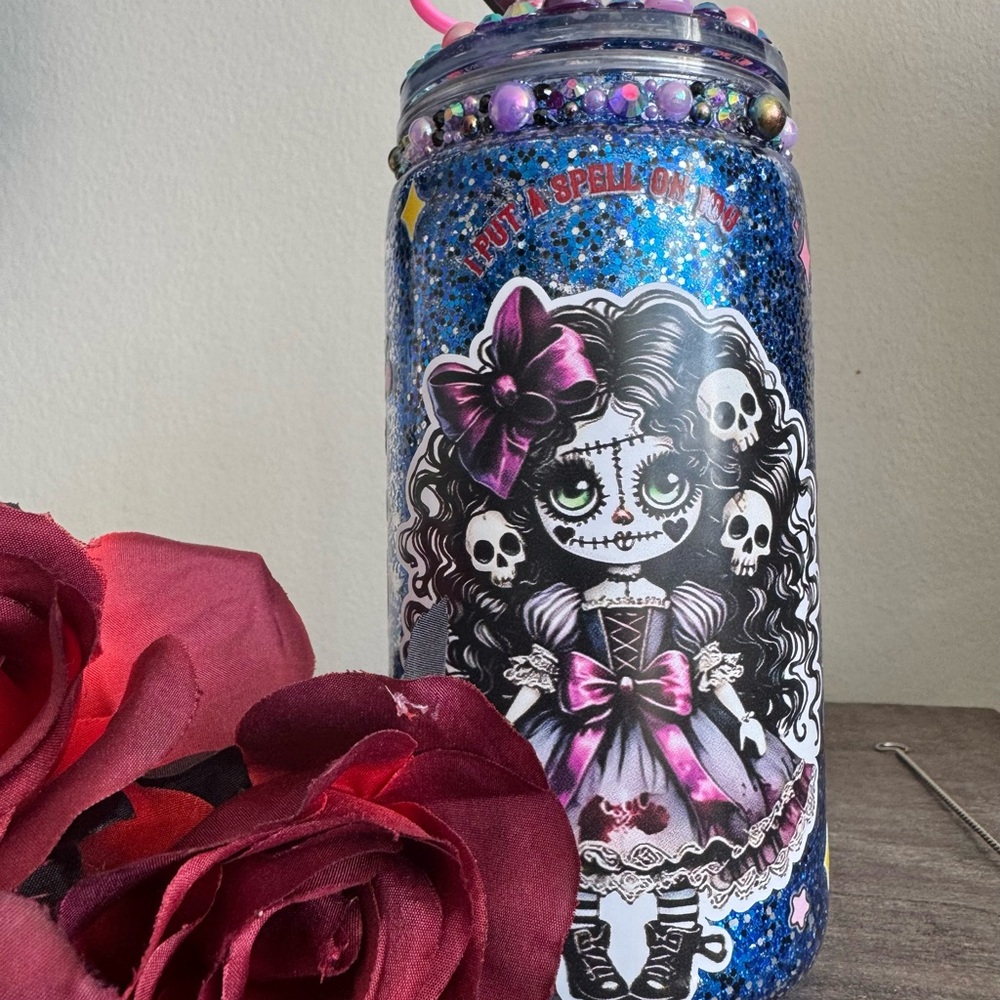 Gothic Voodoo Doll Blue Glitter Tumbler